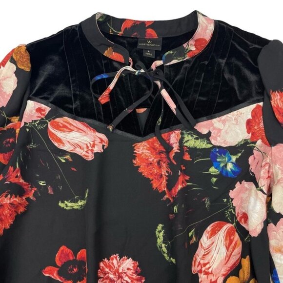 WORTHINGTON Floral Velvet Tie Neck Peplum Blouse Sz Large - Picture 5 of 6
